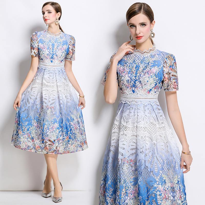 Light luxury slim lace long hollow printing fashion dress