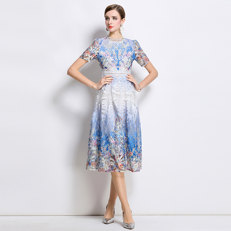 Light luxury slim lace long hollow printing fashion dress
