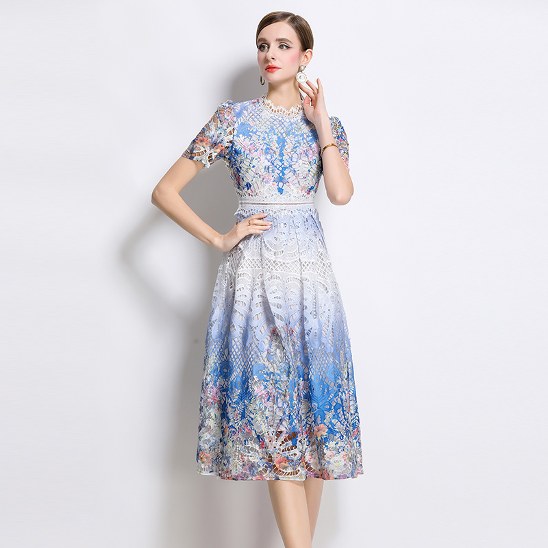 Light luxury slim lace long hollow printing fashion dress
