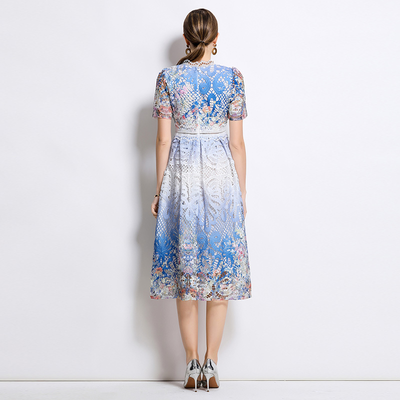 Light luxury slim lace long hollow printing fashion dress