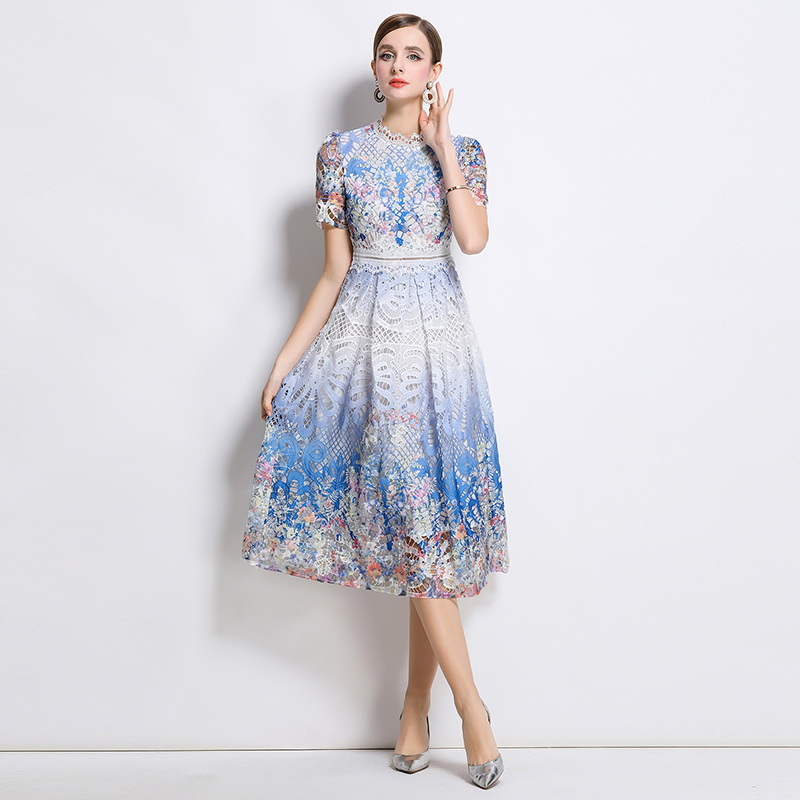 Light luxury slim lace long hollow printing fashion dress