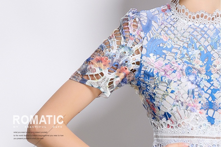Light luxury slim lace long hollow printing fashion dress