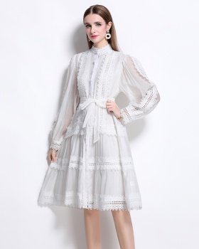 Court style long sleeve retro splice lace dress