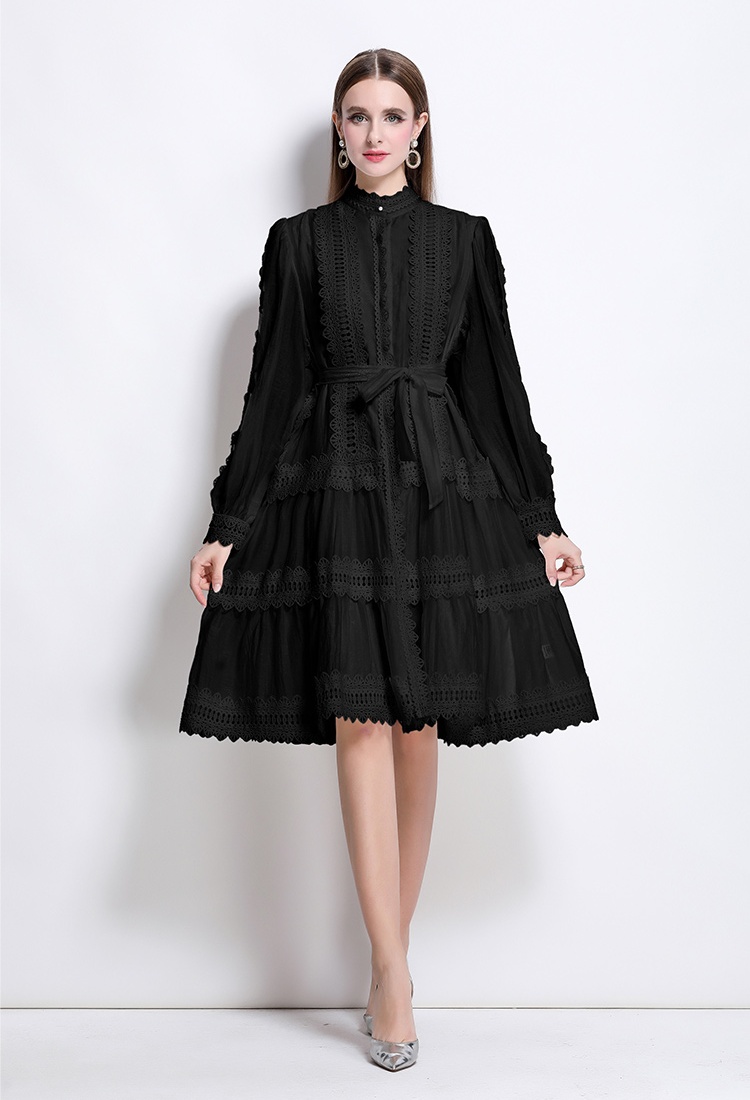 Court style long sleeve retro splice lace dress