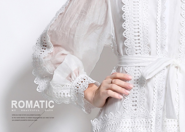 Court style long sleeve retro splice lace dress