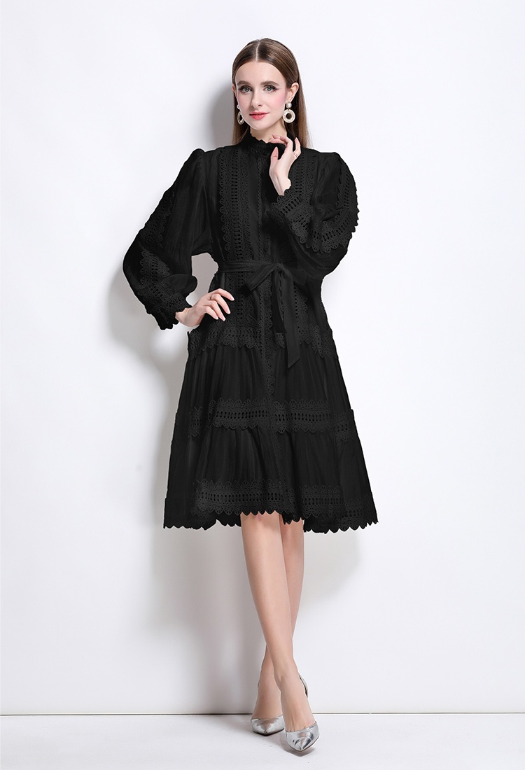 Court style long sleeve retro splice lace dress