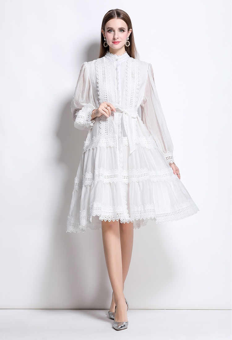 Court style long sleeve retro splice lace dress