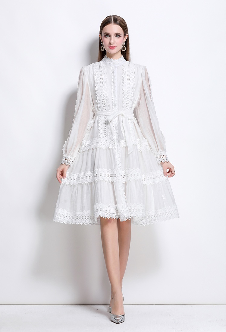 Court style long sleeve retro splice lace dress