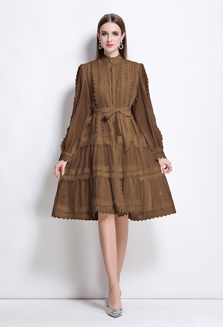 Court style long sleeve retro splice lace dress