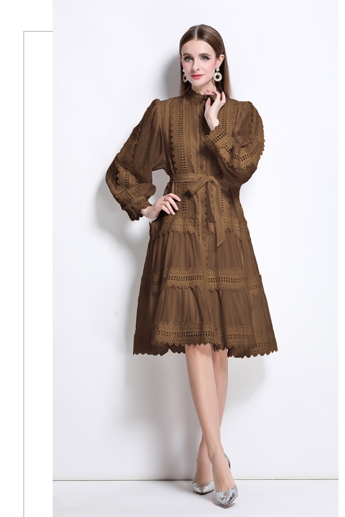Court style long sleeve retro splice lace dress