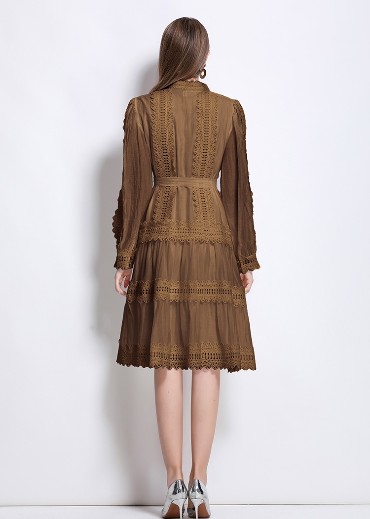 Court style long sleeve retro splice lace dress