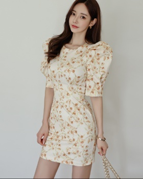 Printing Korean style puff sleeve pinched waist slim dress