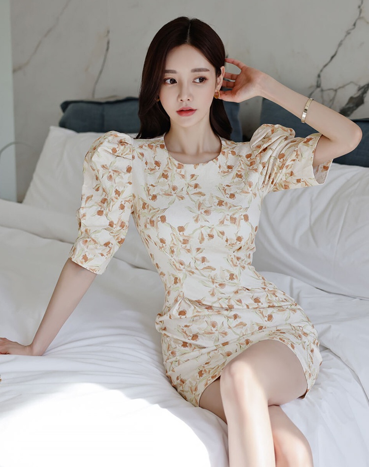 Printing Korean style puff sleeve pinched waist slim dress