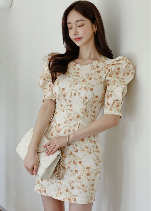 Printing Korean style puff sleeve pinched waist slim dress