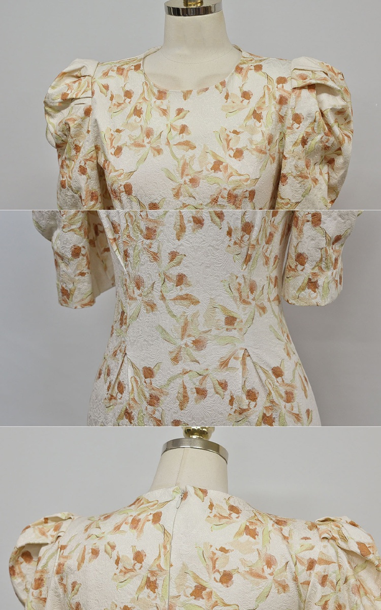Printing Korean style puff sleeve pinched waist slim dress