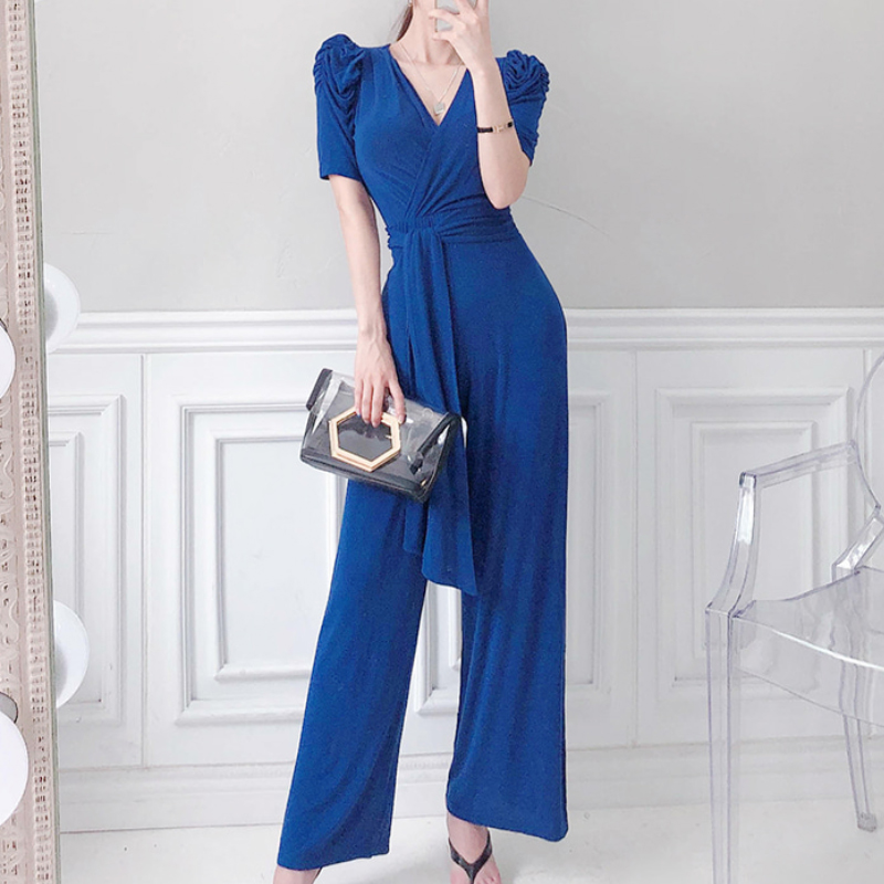 Puff sleeve frenum jumpsuit conjoined Korean style long pants