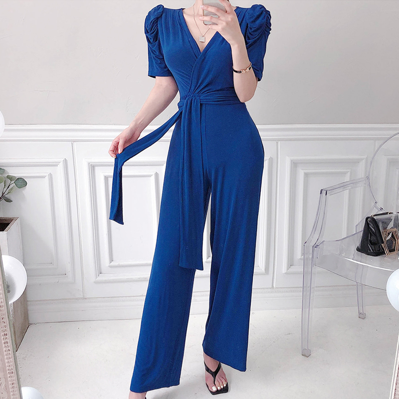 Puff sleeve frenum jumpsuit conjoined Korean style long pants