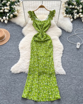 Retro pinched waist long dress floral dress for women
