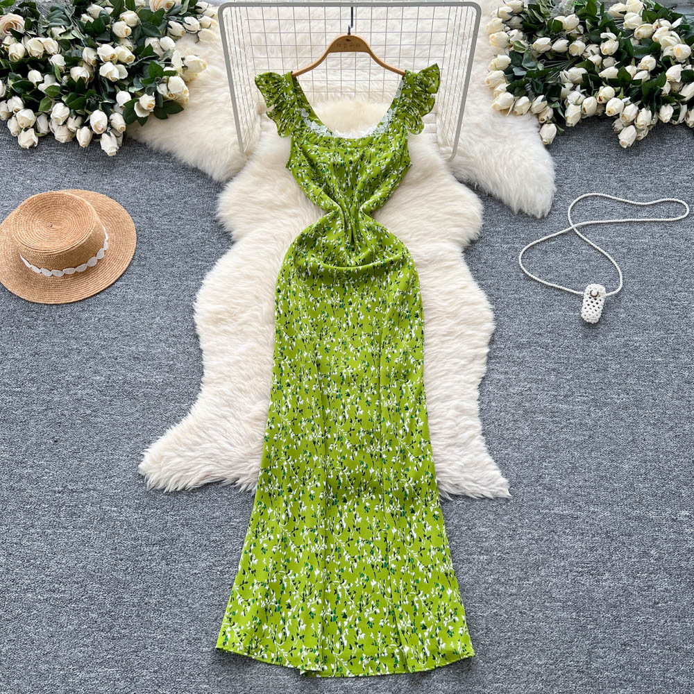 Retro pinched waist long dress floral dress for women