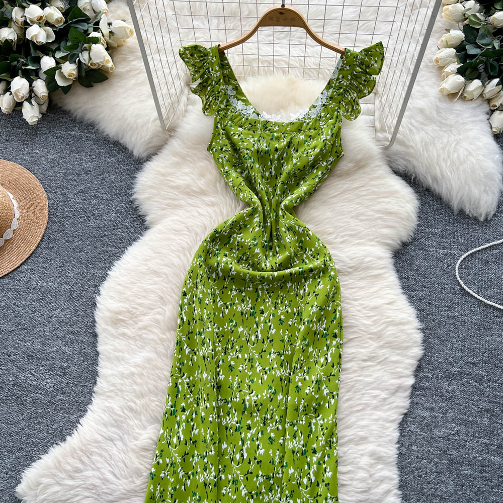 Retro pinched waist long dress floral dress for women