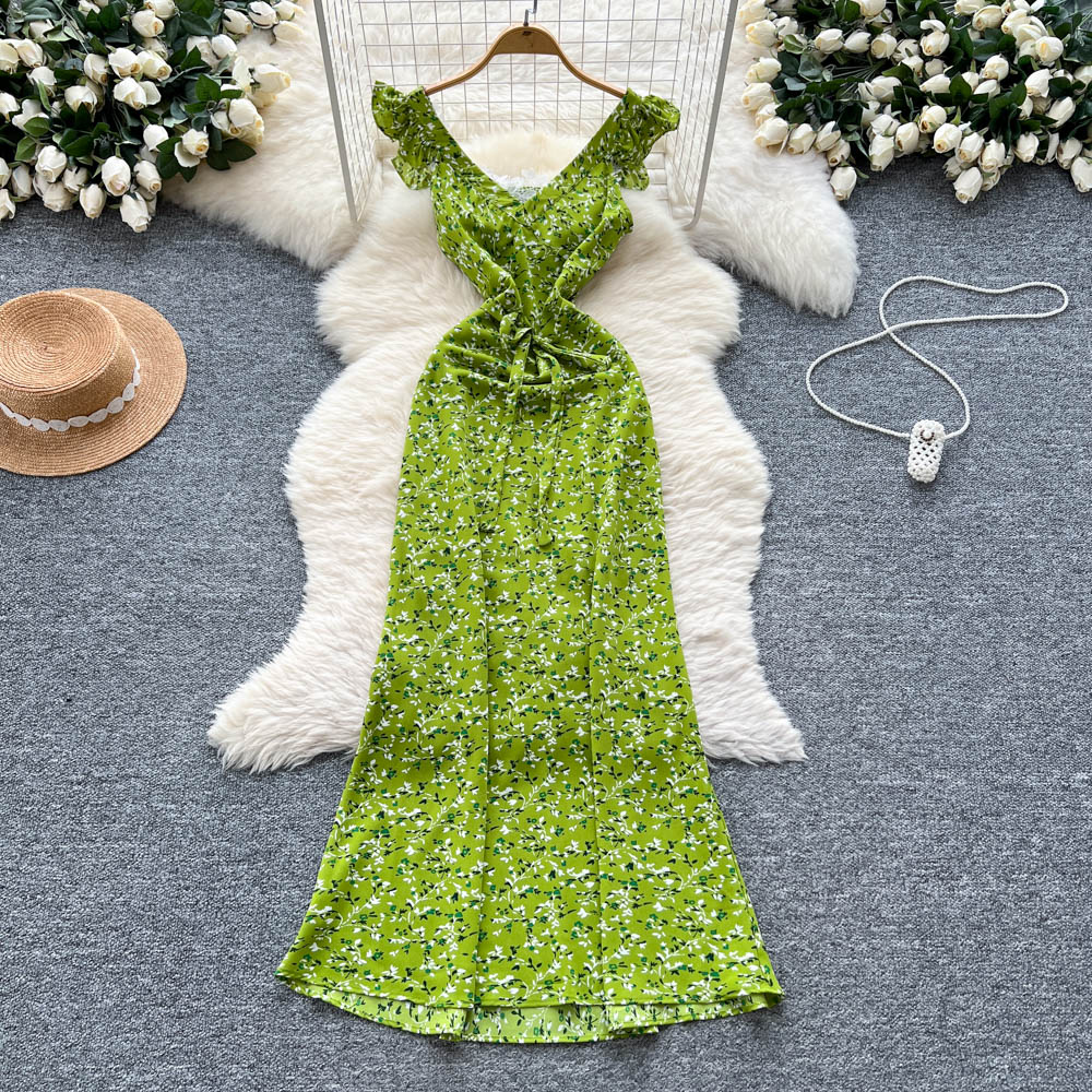 Retro pinched waist long dress floral dress for women