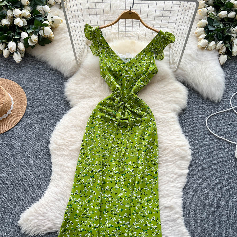 Retro pinched waist long dress floral dress for women