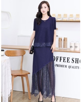 Round neck short sleeve tops splice gauze skirt a set