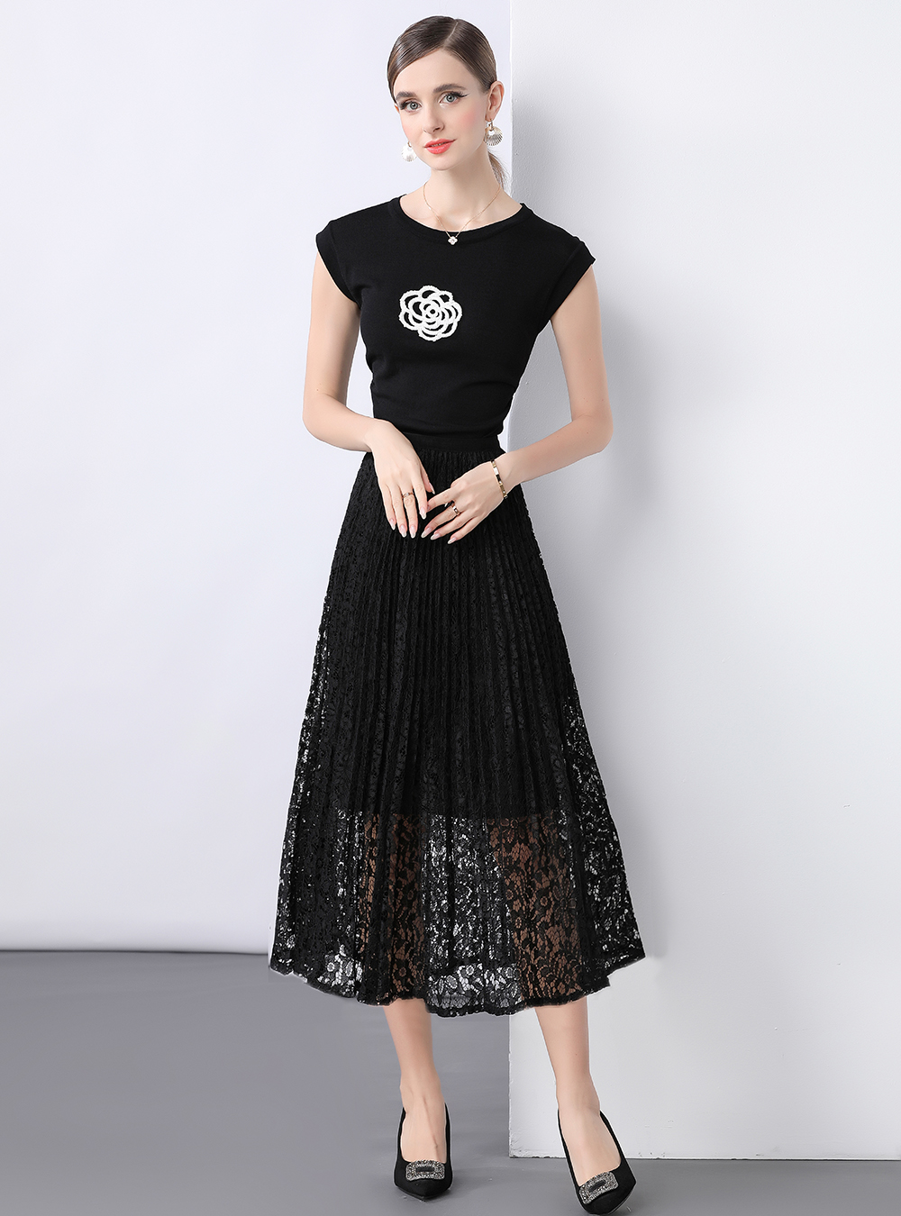 Lace small shirt knitted tops a set