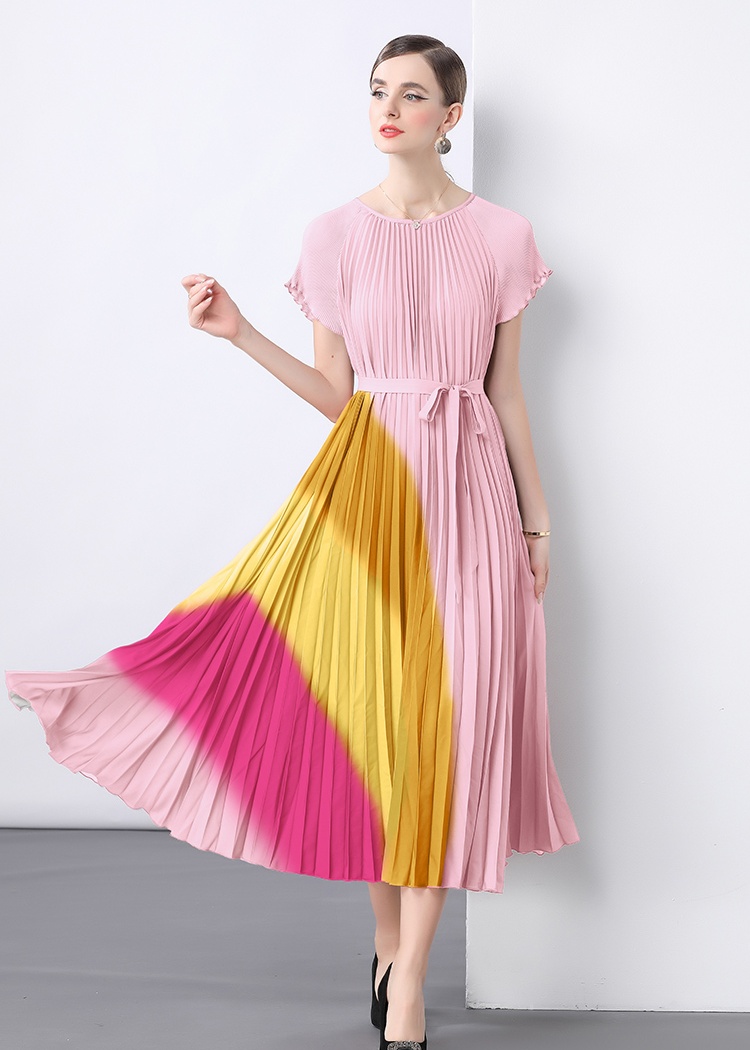 Round neck pleated loose Pleats Please chiffon dress