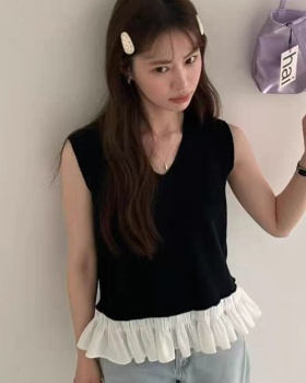 Sweet knitted tops splice bottoming shirt for women