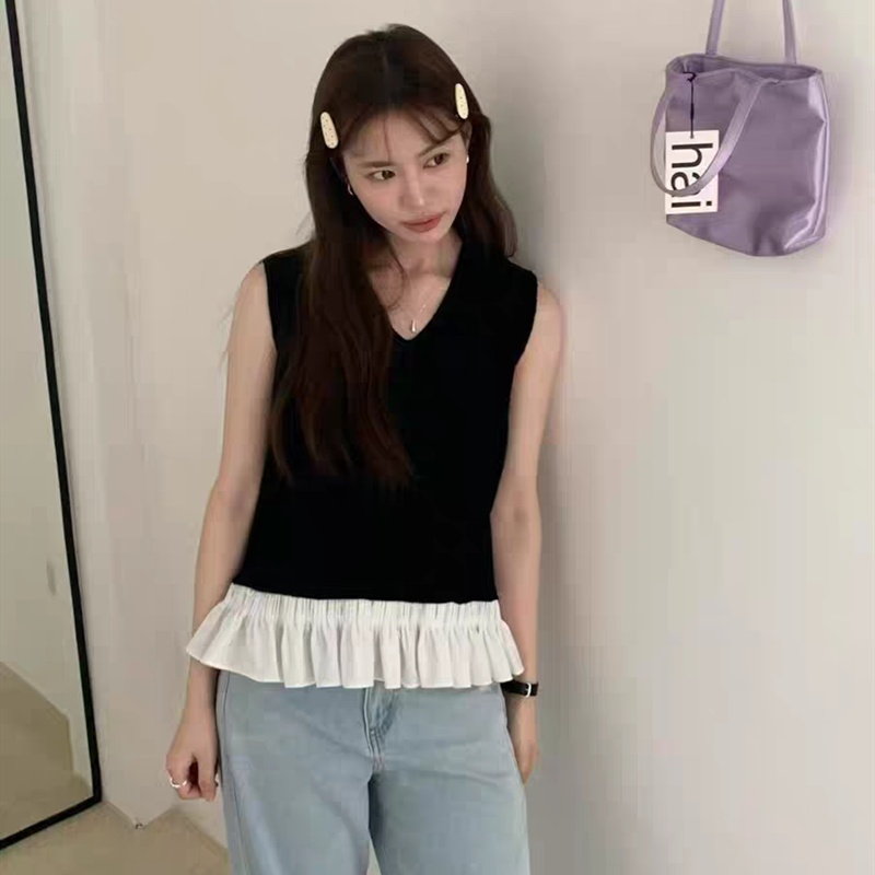 Sweet knitted tops splice bottoming shirt for women