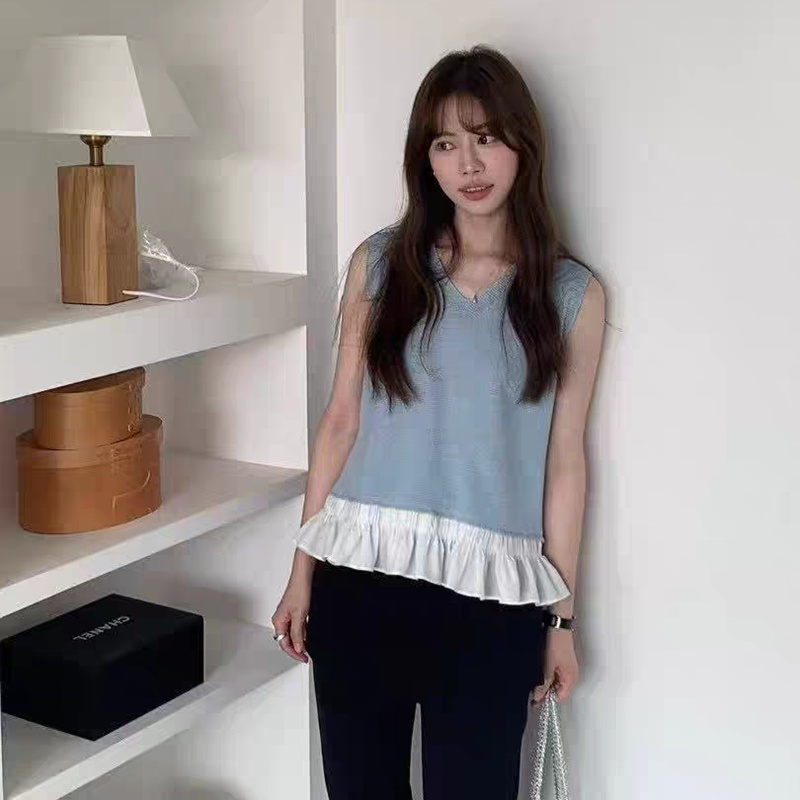 Sweet knitted tops splice bottoming shirt for women