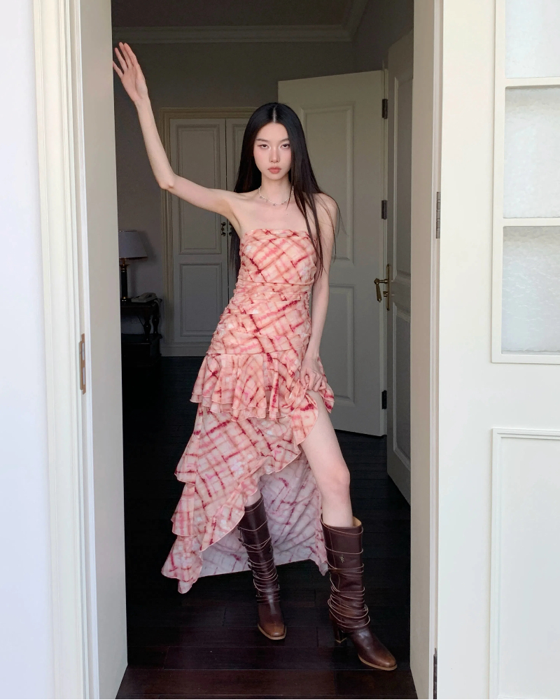 Printing wrapped chest long dress thin dress for women