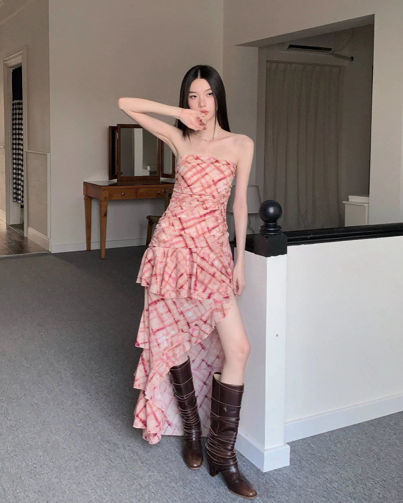 Printing wrapped chest long dress thin dress for women