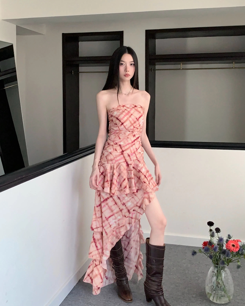 Printing wrapped chest long dress thin dress for women