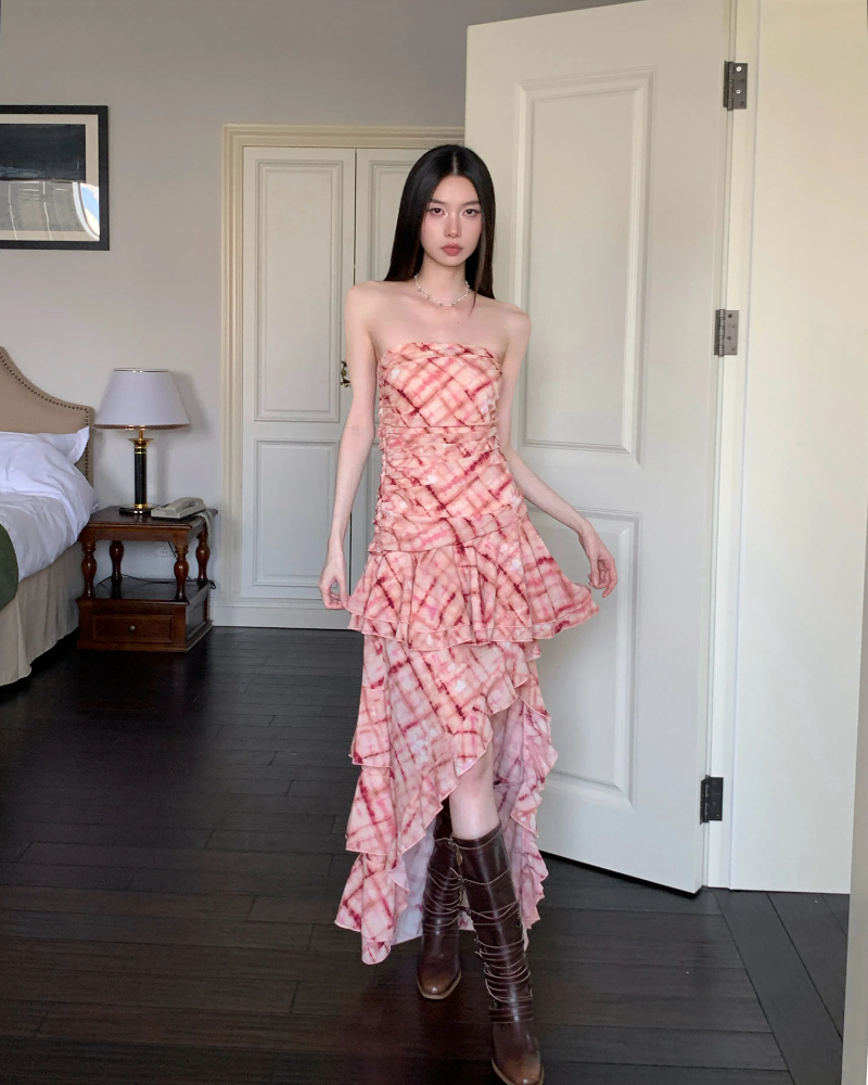 Printing wrapped chest long dress thin dress for women