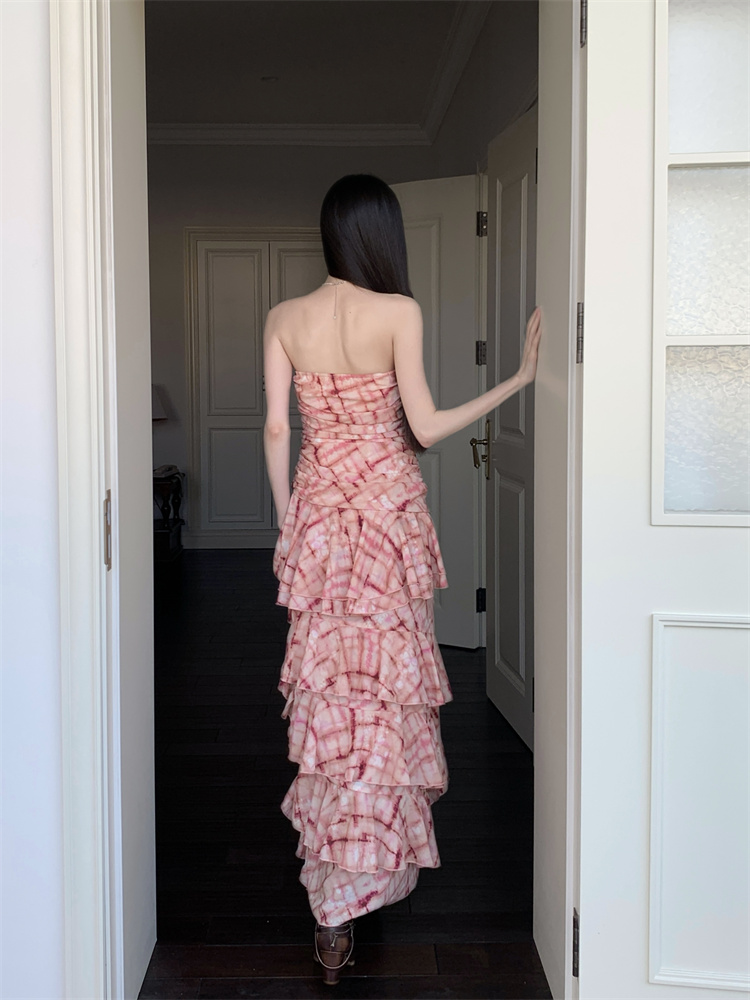 Printing wrapped chest long dress thin dress for women