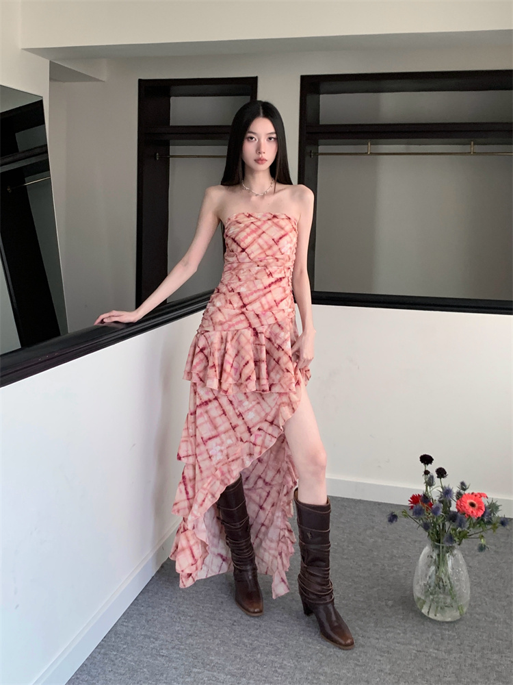 Printing wrapped chest long dress thin dress for women