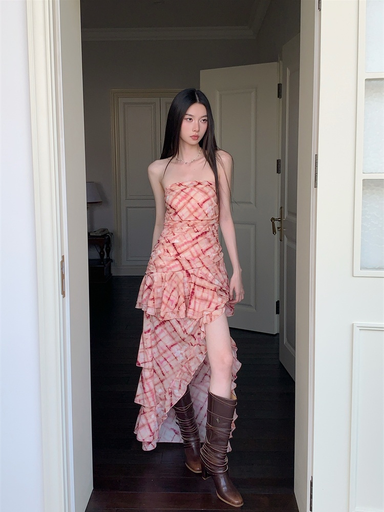 Printing wrapped chest long dress thin dress for women
