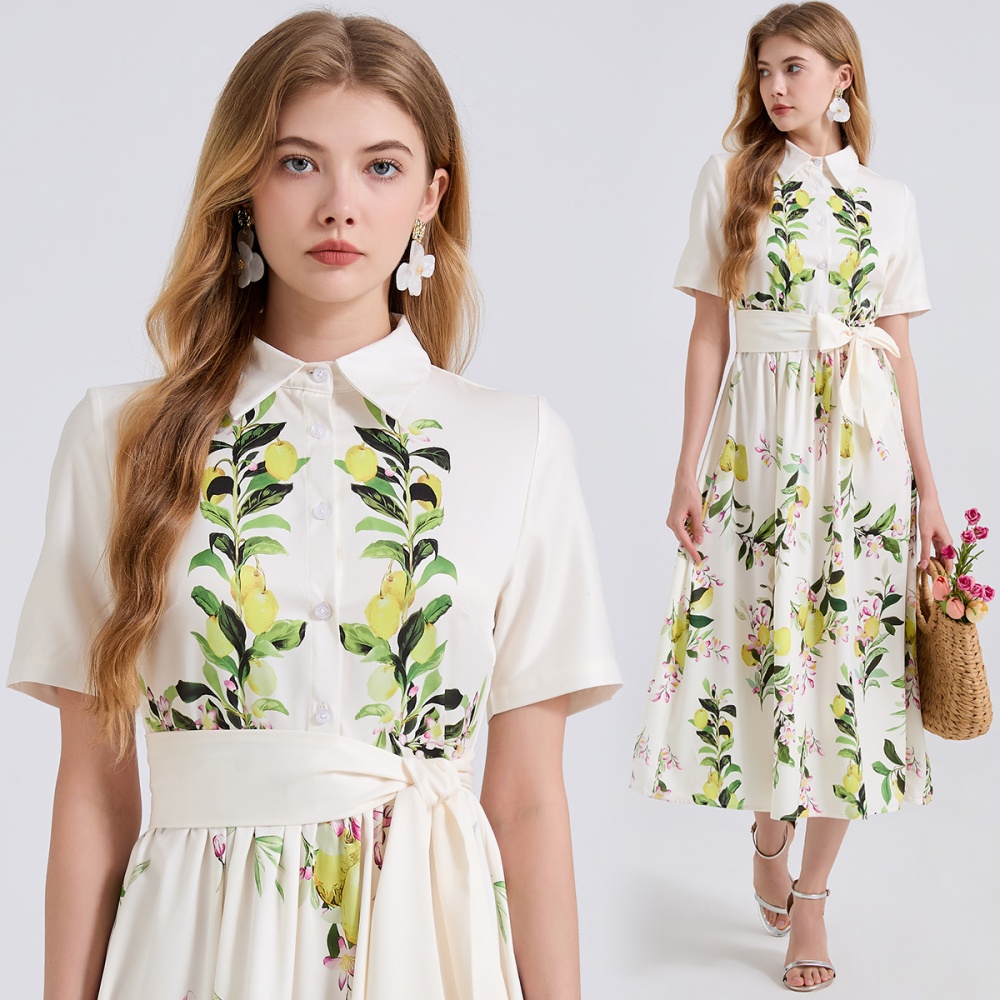 A-line high waist short sleeve shirt printing summer dress