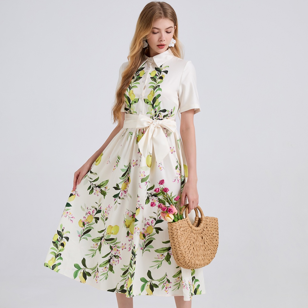 A-line high waist short sleeve shirt printing summer dress