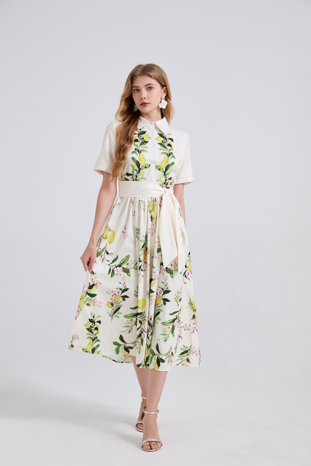 A-line high waist short sleeve shirt printing summer dress