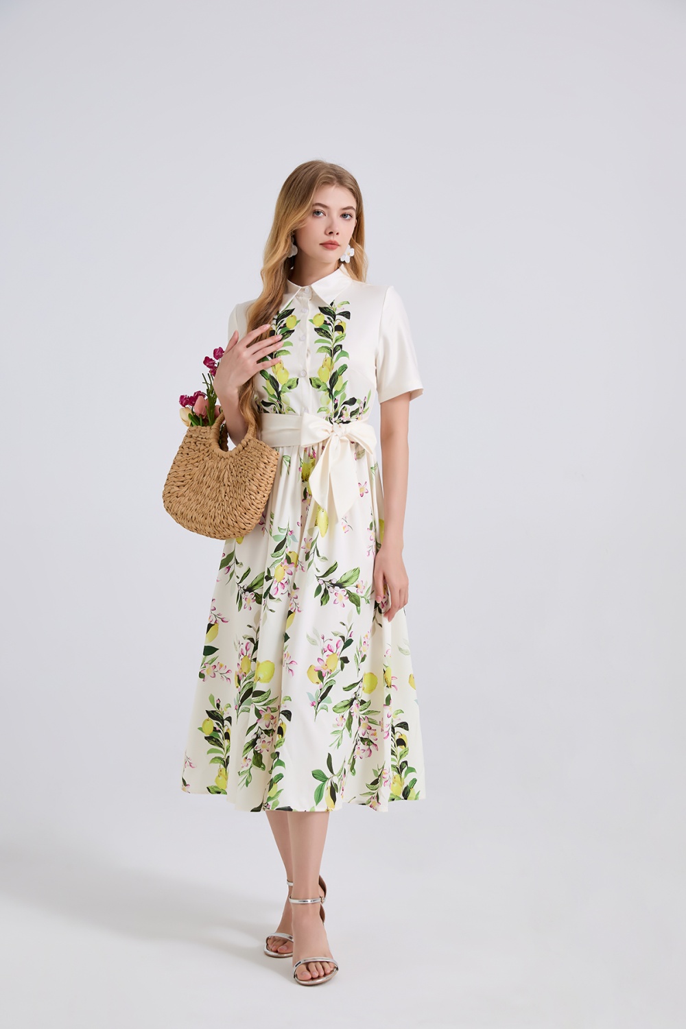 A-line high waist short sleeve shirt printing summer dress