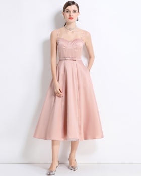 Rims long big skirt strap dress with belt summer gauze dress