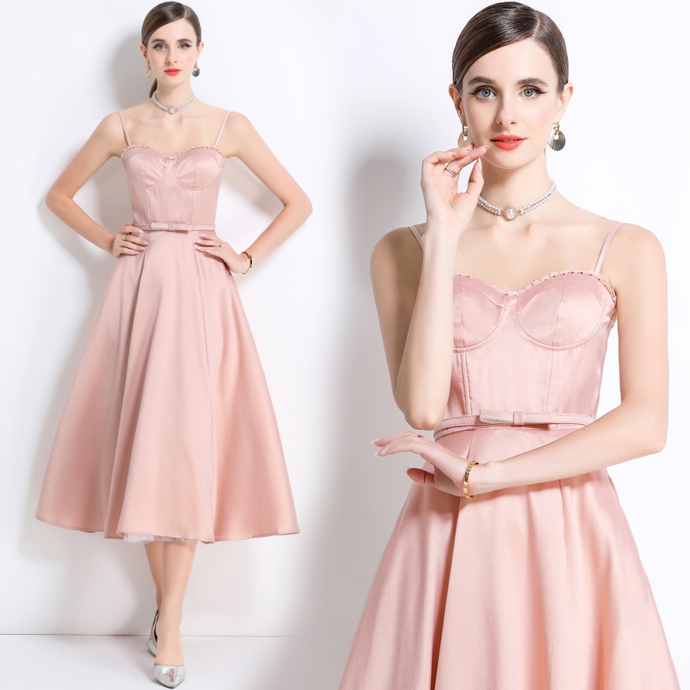 Rims long big skirt strap dress with belt summer gauze dress