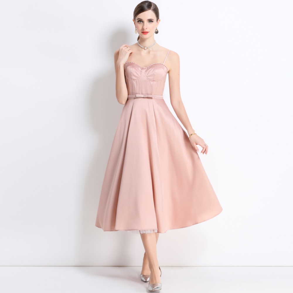 Rims long big skirt strap dress with belt summer gauze dress