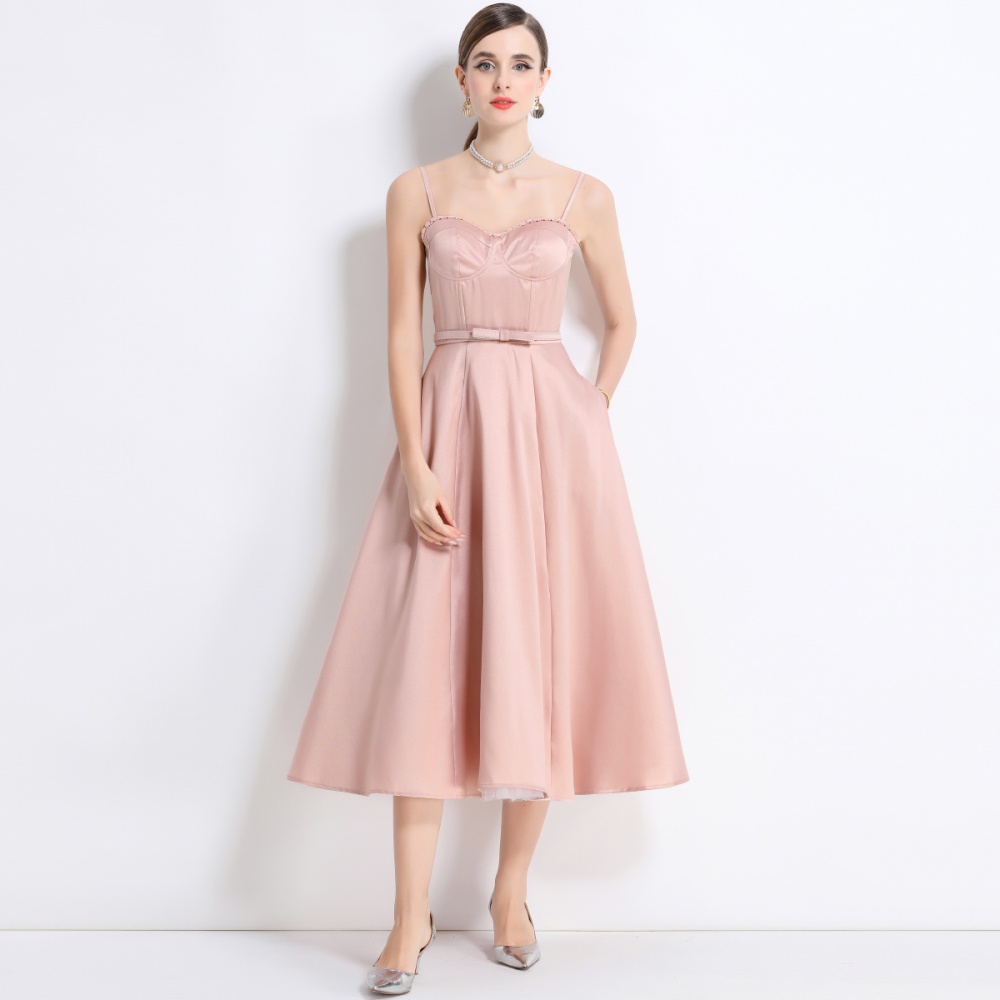 Rims long big skirt strap dress with belt summer gauze dress