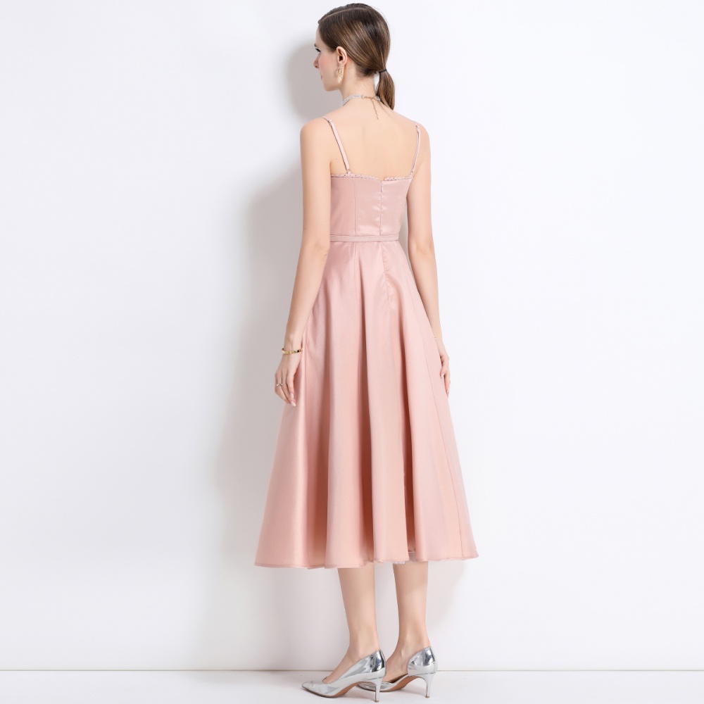 Rims long big skirt strap dress with belt summer gauze dress