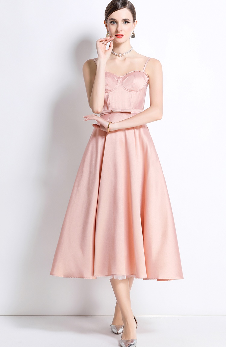 Rims long big skirt strap dress with belt summer gauze dress