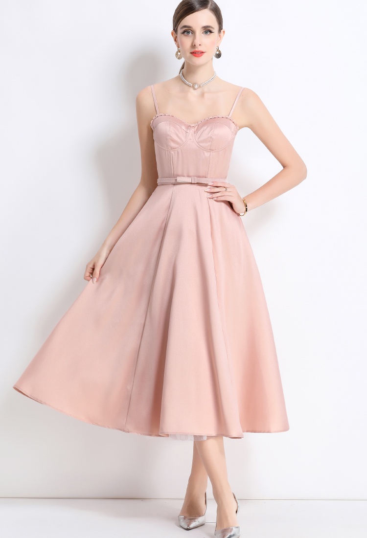 Rims long big skirt strap dress with belt summer gauze dress